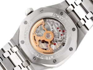 Back view of the Royal Oak ‘Perpetual Calendar’ stainless steel watch (41mm) showcasing its silver and gold movement.