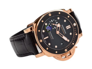 Luminor Submersible 42 3 Days Automatic watch with Goldtech red gold case, black dial, and black leather strap.