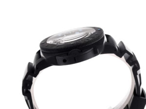 Side view of the Luminor Submersible 42 3 Days Automatic with Carbotech forged carbon case, black bezel, and rubber strap.