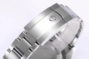 Milgauss GV watch clasp in stainless steel, featuring Oyster bracelet with engraved crown logo, detailed close-up.