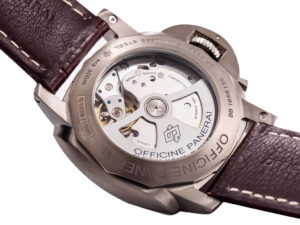 Back view of the Luminor 1950 Marina 3 Days Automatic Titanium watch, showcasing its exposed mechanism and leather strap.