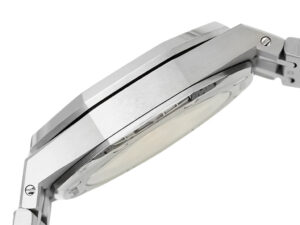 Side view of the Royal Oak Stainless Steel watch with Silver Dial (37mm), showcasing its sleek, polished case design.