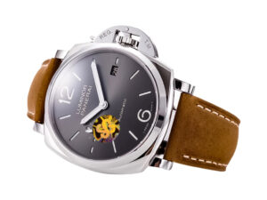 Luminor Due 42 3 Days Date watch with stainless steel case, grey sunburst dial, and brown leather strap.