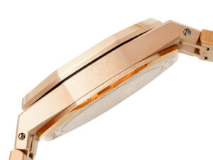 Side view of the Royal Oak Pink Gold watch with a silver dial, showcasing its 37mm case and intricate craftsmanship.
