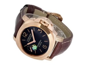 Luminor Marina 44 8 Days Automatic Red Gold watch with brown dial and strap displayed at an angle on a white background.