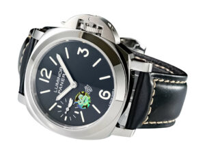 Luminor 44 Logo 3 Days watch with polished stainless steel case, black dial, and black strap featuring beige stitching.