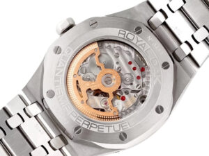 Back view of the Royal Oak 'Perpetual Calendar' Limited Edition Stainless Steel (41mm) showcasing intricate movement design.