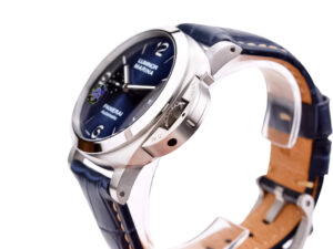 Luminor 1950 Marina 3 Days Automatic watch with a stainless steel case, blue sunburst dial, and blue leather strap (44mm).