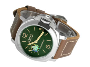Luminor Marina 8 Days ‘Paneristi’ watch with stainless steel case, green dial, and brown leather strap displayed at an angle.