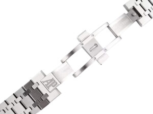Close-up of the stainless steel bracelet clasp with engraved AP logo for the Royal Oak Perpetual Calendar, 41mm.