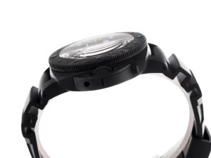 Side view of Luminor Submersible 47 3 Days Automatic with a forged carbon case and bezel, featuring a black strap.