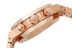 Side view of the Royal Oak Chronograph Pink Gold with Chocolate Dial (41mm), showcasing case, crown, pushers in pink gold.