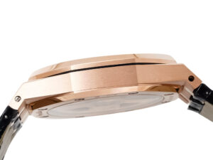 Side view of the Royal Oak Pink Gold '50th Anniversary' watch with black dial, leather strap, and sleek 41mm case.