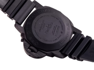 Back view of the Luminor Submersible 47 3 Days Automatic with black titanium and carbon case, featuring engraved details.