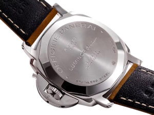 Back view of Luminor Due 42 3 Days Date watch showing stainless steel case, engravings, and brown strap with stitching.