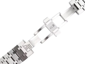 Close-up of the stainless steel bracelet clasp on the Royal Oak Perpetual Calendar Limited Edition with AP logo engraved.