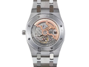 Back view of the Royal Oak ‘Jumbo Extra-Thin’ Stainless Steel watch, showcasing the pink gold dial and intricate movement.