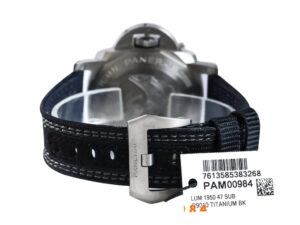 Back view of the Luminor Submersible 47 'Mike Horn Edition' watch showing titanium case, bezel, and black strap.
