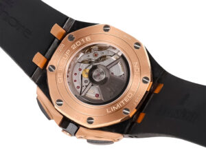 Rear view of Royal Oak Offshore Chronograph 44mm showing pink gold case, visible movement, and "QE II CUP 2016" engraving.