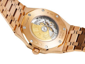 Back view of the Royal Oak Pink Gold with Blue Dial (41mm) – 15400, showcasing its automatic movement and pink-gold bracelet.