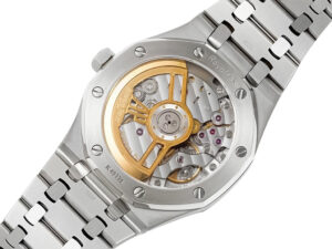 Back view of the Royal Oak Stainless Steel 41mm watch, showcasing its intricate silver and gold mechanical movement.