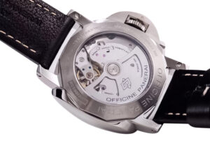 Close-up of the Luminor 1950 Marina 3 Days Automatic Stainless Steel watch, showcasing its transparent case back and inner mechanism.