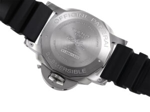 Back view of Luminor Submersible 42 3 Days Automatic Acciaio showing stainless steel case, engravings, & black rubber strap.