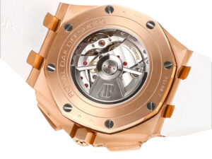 Back view of the Royal Oak Offshore Chronograph in pink gold (44mm) showcasing its intricate movement and white strap.