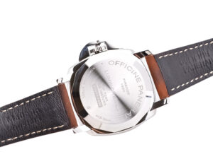 Back view of the Luminor Due 42 Automatic watch, showcasing the stainless steel case and brown leather strap with stitching.