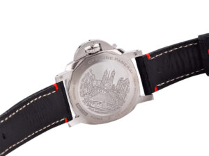 Back view of the Luminor 1950 44 3 Days Automatic 'Roma' watch, featuring an engraved stainless steel case and black strap.