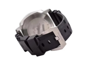 Close-up of the Luminor Submersible 42 3 Days Automatic ‘Azzurro’ with stainless steel case, black strap, buckle clasp.