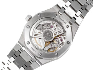 Back view of the Royal Oak Stainless Steel ‘50th Anniversary’ watch with visible movement mechanism and engraved markings.