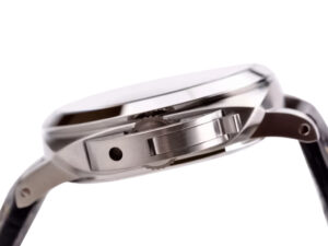 Side view of Luminor 1950 44 3 Days Automatic watch with brushed stainless steel case and polished bezel.