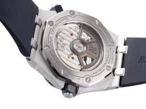 Back view of Royal Oak Offshore Diver Stainless Steel watch, showcasing the transparent case back and mechanical movement.
