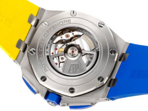 Back view of the Royal Oak Offshore Chronograph ‘Ukrainian Flag’ (44mm) showing the movement and yellow-blue strap design.