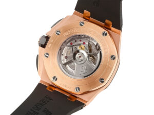 Rear view of the Royal Oak ‘Offshore Chronograph’ 44mm, showcasing its exposed pink gold caseback and movement design.