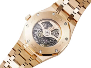 Royal Oak Pink Gold Openworked Double Balance Wheel (41mm) showing intricate skeletal design and luxurious pink gold finish.