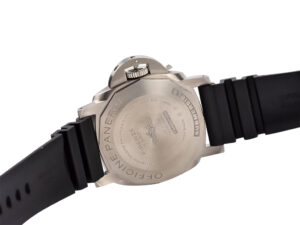 Back view of the Luminor Submersible 47 3 Days Automatic BMG-Tech watch, showcasing its titanium case and black strap.