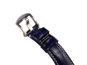 Close-up of the Luminor Due 42mm blue strap with polished titanium buckle, showcasing detailed stitching and sleek design.