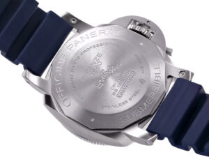 Back view of Luminor Submersible 42 3 Days Automatic ‘Acciaio’ showing engravings on stainless-steel case with blue strap.