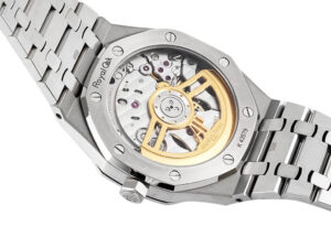 Rear view of the Royal Oak Stainless Steel 41mm watch showcasing intricate automatic movement through its sapphire caseback.