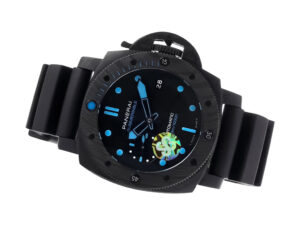 Luminor Submersible 47 3 Days Automatic watch with black forged carbon case, bezel, and strap featuring blue accents.