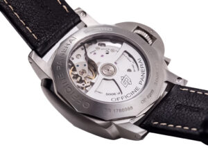 Back view of the Luminor 1950 3 Days Automatic Stainless Steel watch, showcasing its visible movement and black strap.