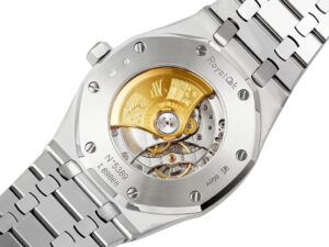 Back view of the Royal Oak Frosted Stainless Steel watch (41mm) showcasing its intricate gold-hued mechanical movement.