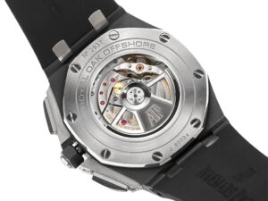 Back view of the Royal Oak Offshore Chronograph Ceramic with Black Dial (44mm), showcasing detailed open caseback mechanism.