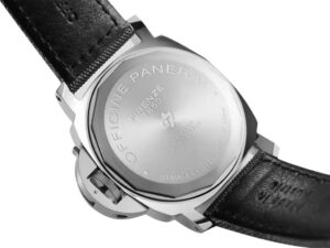 Back view of the Luminor Base 44 Logo 3 Days Acciaio 'Blue OP' watch with stainless steel Bettarini-style case and strap.