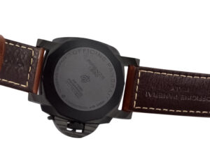 Back view of the Luminor 1950 44 3 Days Automatic ‘Carbotech’ Titanium and Carbon Case with leather strap in brown.