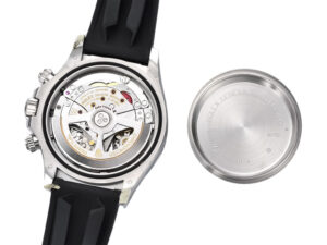 Back view of the Cosmograph Daytona Stainless Steel Oysterflex (2023), showcasing its exposed movement and case back.