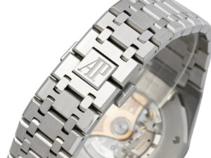 Royal Oak Stainless Steel watch bracelet with visible Audemars Piguet logo and partial view of the automatic movement.