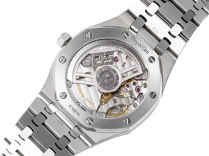 Back view of the Royal Oak Stainless Steel '50th Anniversary' watch (41mm) showcasing its intricate mechanical movement.
